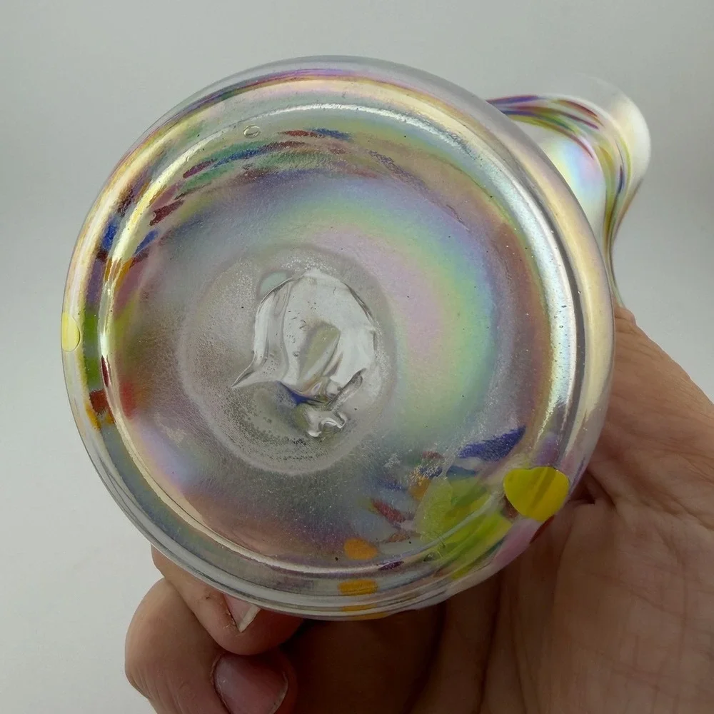 Murano Hand Blown Art Glass Vase Medium Multicolor Iridescent Ruffled Confetti